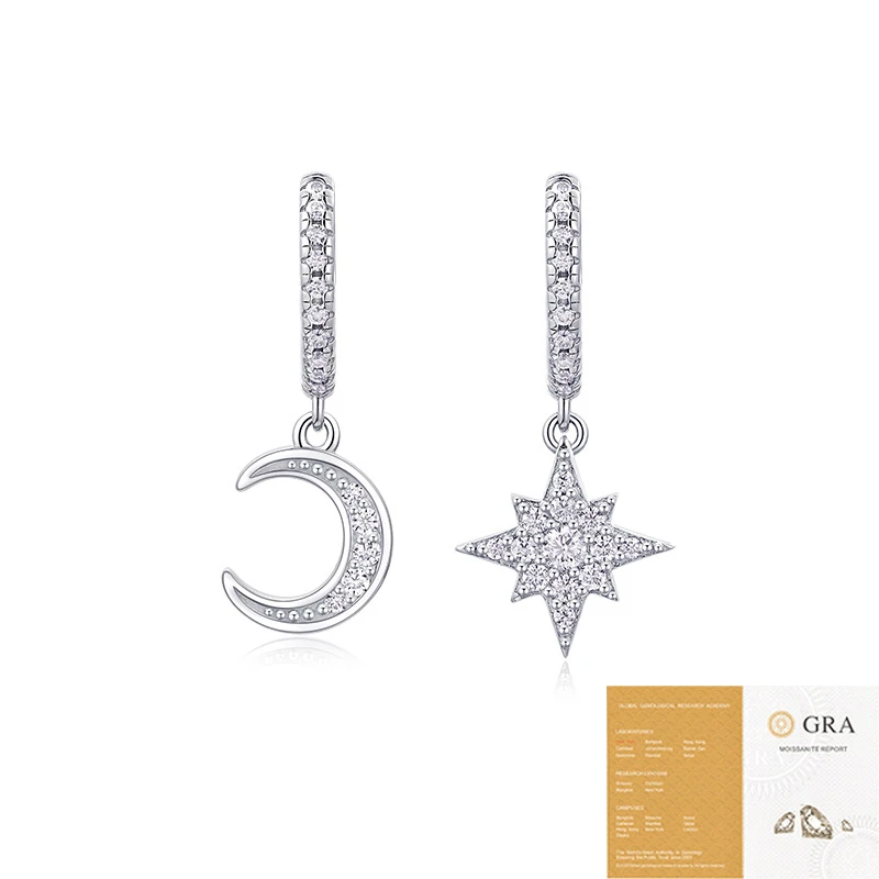 Cielo mágico – Aretes de estrella y luna con moissanita en plata S925 para mujer