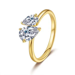 Anillo de compromiso femenino con doble piedra de moissanita de 1 CT, gota de agua, en plata pura 925